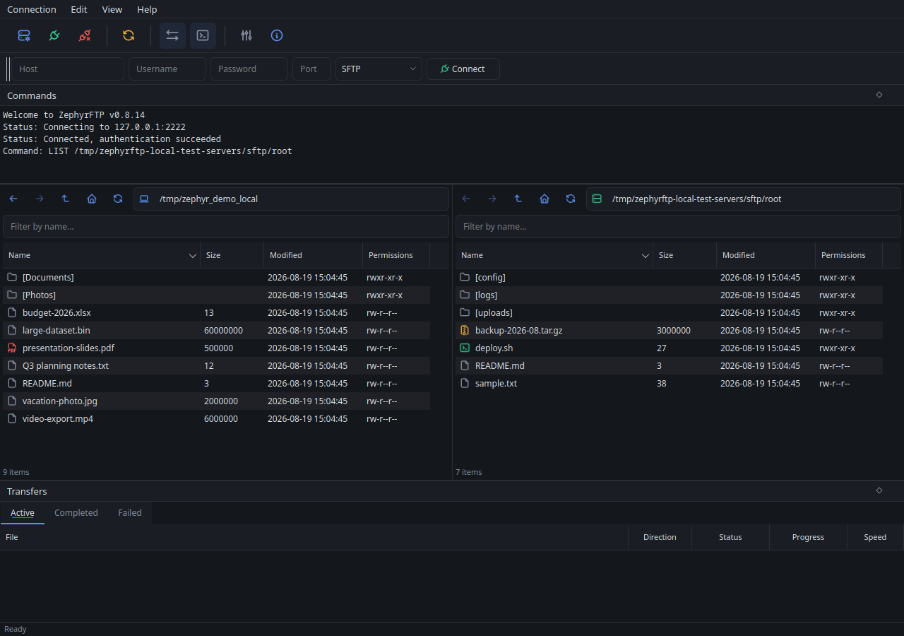 The ZephyrFTP window: a local folder listed on the left, an SFTP server on the right, each with its own path bar, and columns for name, size, modified date and permissions.